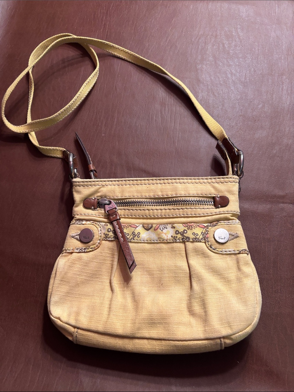 Vintage Fossil Yellow Floral-Trim Crossbody Bag